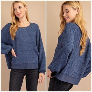 Cozy Chic Denim Blue Popcorn Relaxed Fit Sweater Top